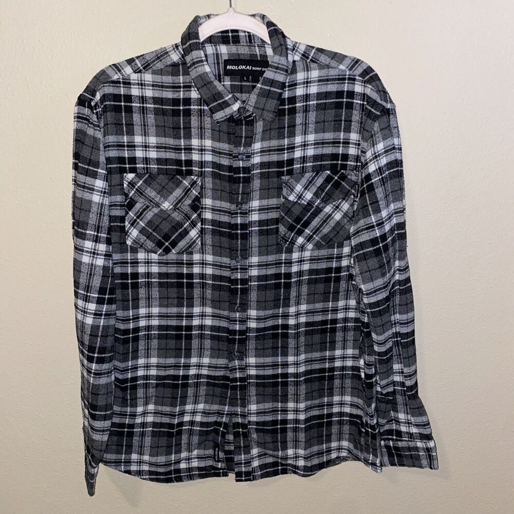 Molokai Surf Co Men’s Button Down Flannel Gray Plaid
